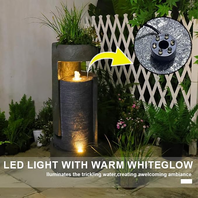 35.9" Tall Modern Indoor/Outdoor Water Fountain with LED Lights and Pump, Freestanding Cascading Waterfall Feature for Garden, Patio, Porch, Yard & Deck Décor – Gray