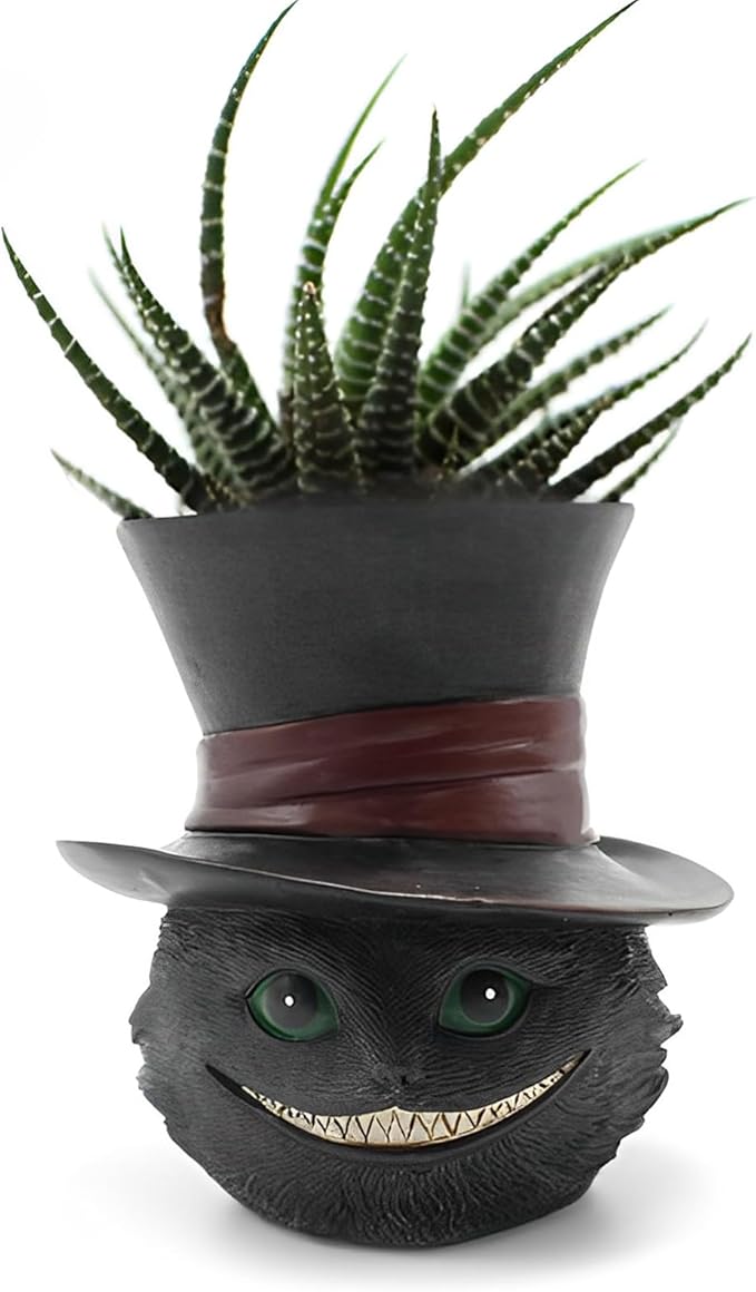 Unique Black Cat Head Little Planter Pot, Cute Succulent Indoor Flower Pot, Funny Novelty Resin Plant Flowerpot with Drain Hole, Cat Pen Brushes Holder, Lovely Desk Room Home Decor