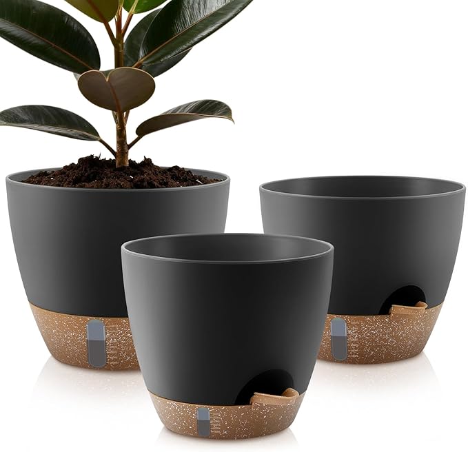 QRRICA Self-Watering Plant Pots with Water Level Indicator, Drainage Holes & Saucers – 12/10/9 Inch Large Plastic Planter Set for Indoor & Outdoor Plants(Black)