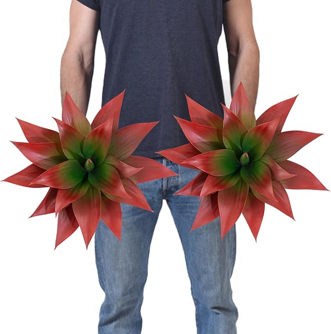 2 Pack 16 Inch Artificial Agave Plant - Large Faux Succulent Steams for Indoor Outdoor Decorating, UV Resistant Realistic Tropical Greenery for Garden Front Porch Aesthetic Decor - 18 Leaves, Red