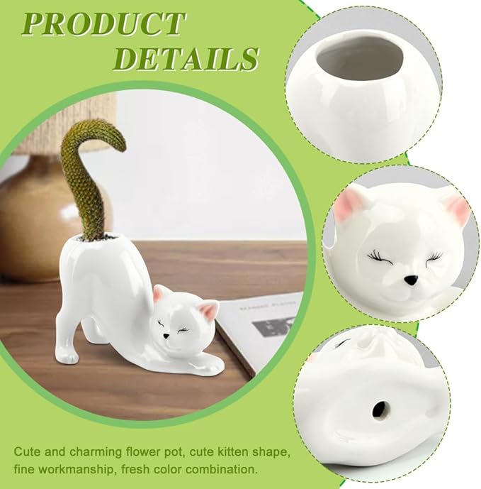 Tailless Cat Ceramic Planter – for Succulents & Cactus, Indoor Small Pot | Home/Office Desk Decor, Gift for Pet Lovers