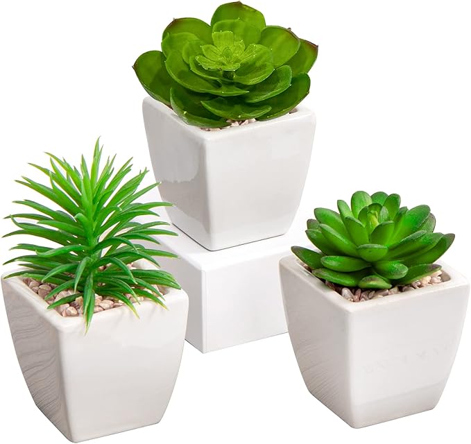 Briful 3PCS Fake Succulents for Farmhouse Tiered Tray Decor Smaller Artificial Potted Plants Faux Plants Indoor Bookshelf Decor House Plants Tabletop Decor in White Ceramic Pot