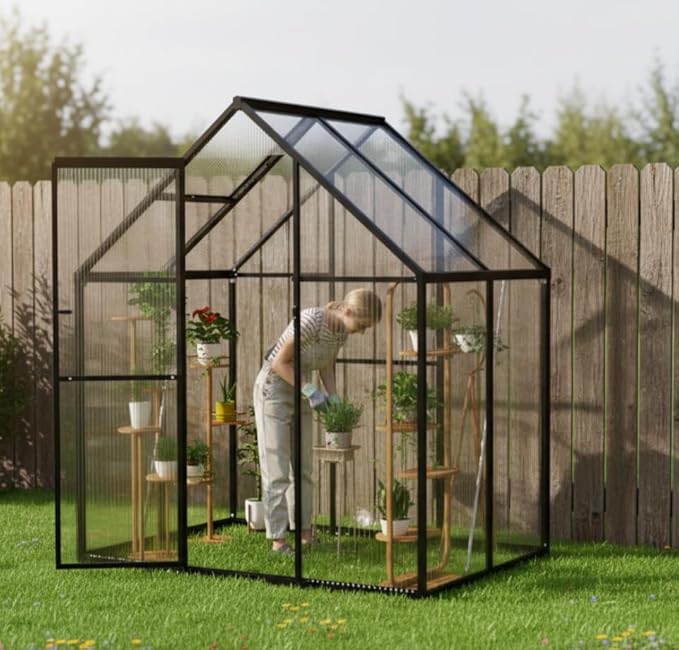 6x4 FT Polycarbonate Greenhouse with Hygrometer, Easy Setup Small Greenhouse for Outdoors Plant Gardening, Heavy Duty Green House Outside with Aluminum Frame Lockable Door & Vented Roof Window