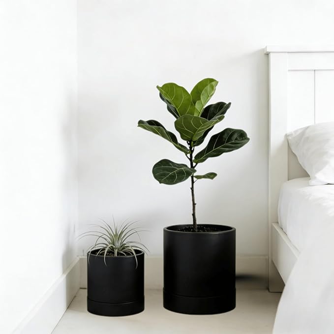 GreenShip Planter Set of 2 (9.8" & 7.8") – Dual-Use Self-Watering or Traditional Indoor Cylinder Flower Pots with Saucers & Side Drainage – Durable Lightweight Clay & Resin Blend