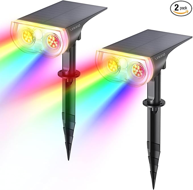 Linkind Solar Lights Outdoor Waterproof IP65, StarRay RGB Solar Spot Lights Outdoor, Color Changing Outdoor Solar Lights for Yard, Garden, Pathway, Holiday Decor (Multicolor, 2 Pack)