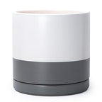 D'vine Dev 12 Inch Ceramic Planter Pot with Drainage Hole and Saucer, Indoor Cylinder Round Planter Pot, White/Speckled Grey, 94-O-F-6