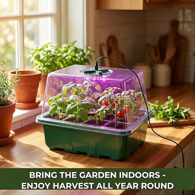 Seed Starter Kit with Grow Light, Elevated Seedling Tray Kit with Adjustable Humidity Dome and Clear Cell Tray, 12 Full Spectrum Led Beads for Seed Starting Greenhouse, 6 Pack, Green