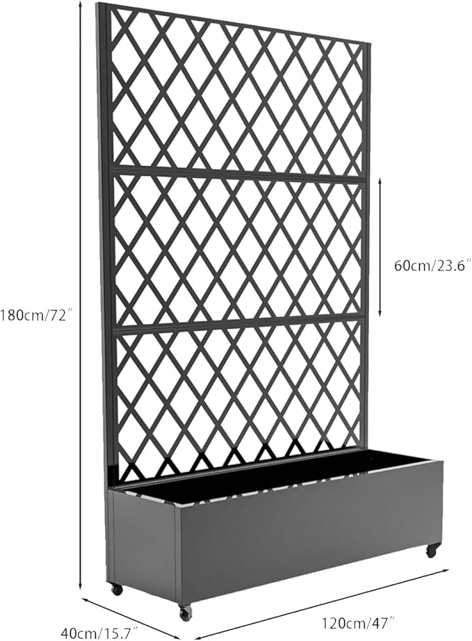 Metal Raised Garden Bed with Trellis and Wheels, 72"x47" Planter Box for Climbing Plants, Vegetables & Vines, Features Drainage Holes and Privacy Screen