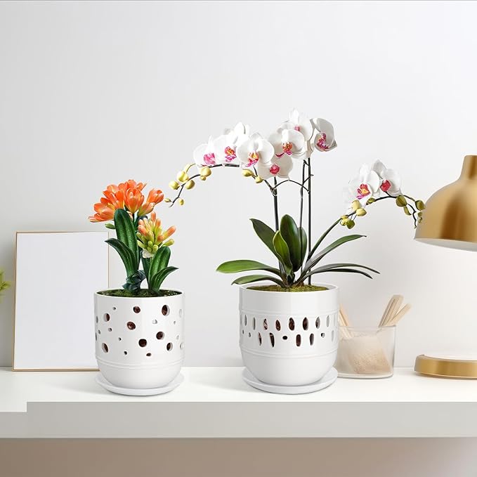 Set of 2 Orchid Pot, 5+6 Inch Orchid Pots with Holes, Orchid Pots for Repotting, Ceramic Flower Pots with Drainage and Tray, Planters for Indoor/Outdoor Plants - White