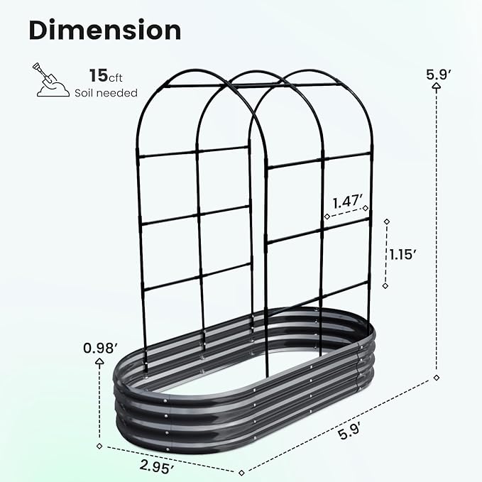 KING BIRD Raised Garden Bed with Arched Trellis Galvanized Planter Garden Box Outdoor for Gardening, Climbing Vegetables, Flowers, Dark Grey, 5.9x2.95x0.98 Ft