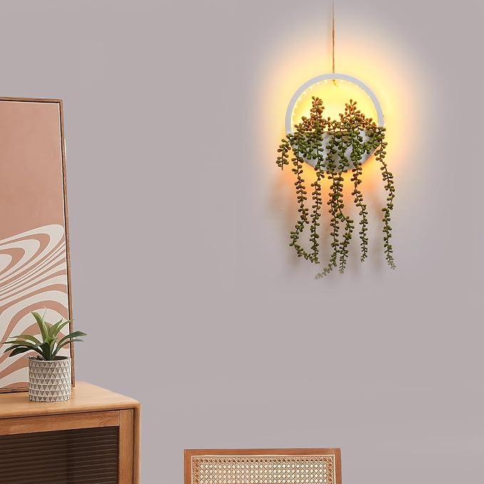 Comtelek 2pcs Artificial Hanging Plants with Lights Fake Succulents Plant in Pot Boho Wall Decor Fake String of Pearls with Lanyard for Bathroom Living Room Home Balcony Ceiling (White)