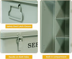 Seed Storage Organizer, 4 Compartment Seed Storage Box with Safety Lock, Metal Seed Box Container with 2 Pens, 20 Plant Labels and 50 Seed Envelopes for Seed Packet & Small Garden Tool, Green