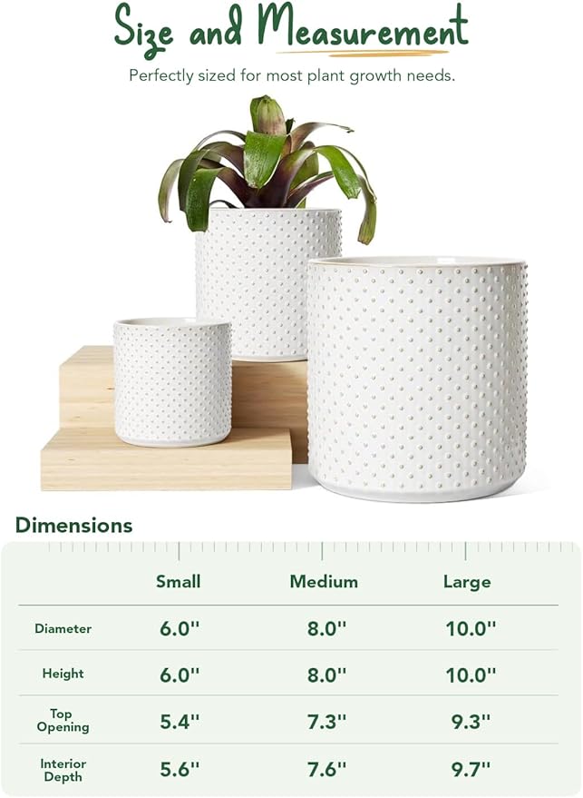 LE TAUCI Ceramic Pots for Plants, 10/8/6 Inch Indoor Planters with Draiange Hole, Silicone Plug & Mesh Pad, Modern Rasied-Dots Pots for Home Office, Set of 3, Glossy, Arctic White