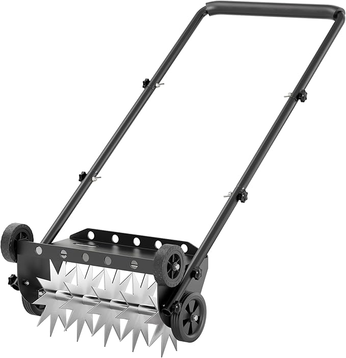 Lineware 18-Inch Lawn Aerator,Heavy Duty Push Spike Aerator with 4 Wheels,Aerator Lawn Tool with Steel Handle, Manual Aerator Lawn Tool with Foam Armrests, Suitable for Lawn, Garden and Yard