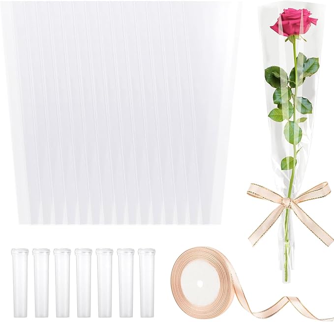 100 Set Floral Water Tubes with Single Rose Sleeve Flower Bouquet Bags Plastic Floral Vials Stem Water Tube Small Rose Water Holder Flower Wrapping Bags Rose Water Holder Florist Supplies
