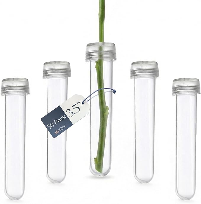 Royal Imports Floral Water Tubes with Caps – 3.5" Clear Plastic Flower Vials for Single Stem Roses, Buds, Bouquets – Standard Style, 1/2" Opening – 50 Pack