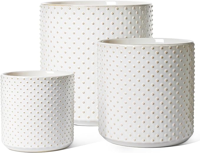 LE TAUCI Ceramic Pots for Plants, 10/8/6 Inch Indoor Planters with Draiange Hole, Silicone Plug & Mesh Pad, Modern Rasied-Dots Pots for Home Office, Set of 3, Glossy, Arctic White