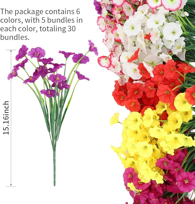Artificial Flowers 30 Bundles Outdoor UV Resistant Fake Daisy Flowers Faux Plastic Plants Garden Porch Window Box Porch Farmhouse Hanging Decor(Mix Six Colors)