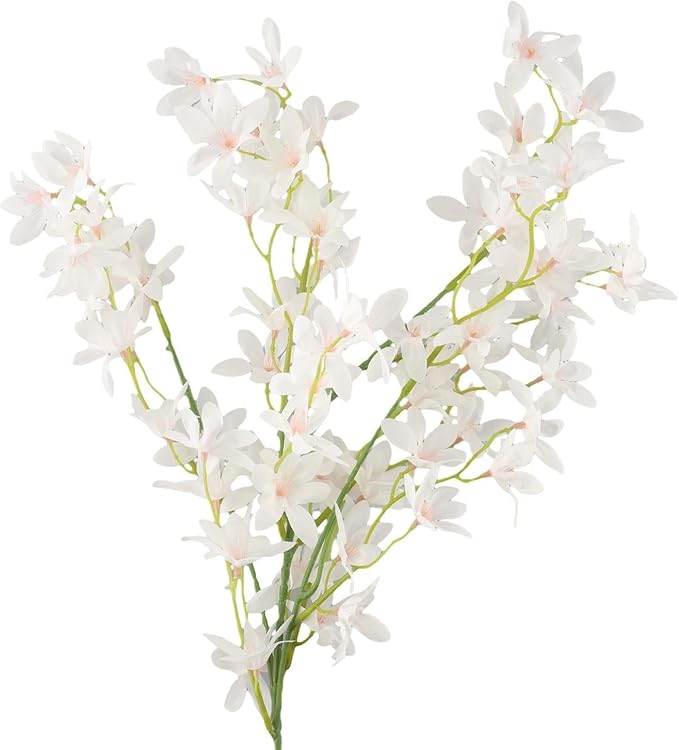 Artificial Orchid Flower Single Branch Dancing Oncidium Silk Material Lifelike Arrangement 74CM Tall For Wedding Home Office Living Room Decor(White)