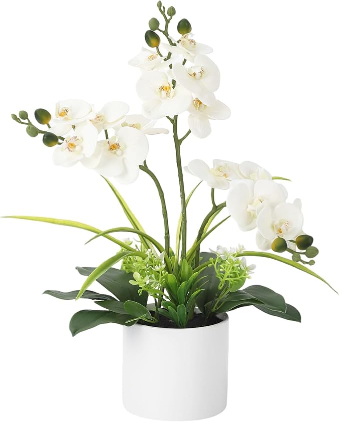 Garvee Real Touch Silk Phalaenopsis Orchid Artificial Flowers - 3 Stems Faux Orchid Bough with Vase, Lifelike Large Fake Flowers in Pot for Home Decor Living Room Bedroom Office Tabletop