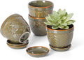 Sureasy Succulent Pots, 3.5 Inch Flower Pots for Indoor Plants, Small Plant Pots with Saucer & Drainage, Decorative Ceramic Planters for Succulent, Cactus, Set of 4, Green