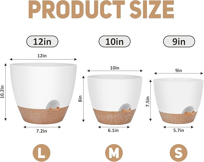 YNNICO 12" 10" 9" Large Self Watering Plant Pots, 3 Pack Flower Pots Planters with Multi Mesh Drainage Holes for Indoor Outdoor Garden Plants and Flowers