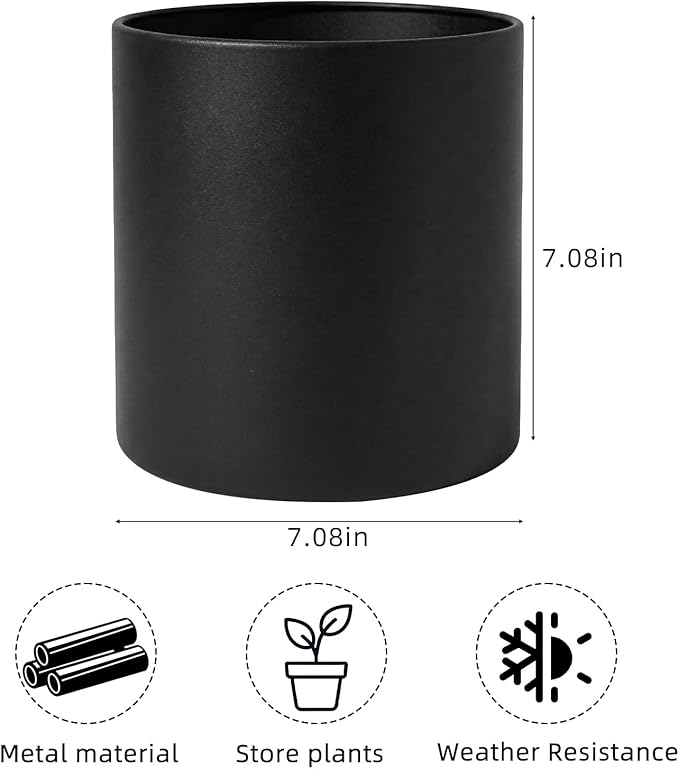Metal Plant Pot with Drainage Hole,Mid Century Modern 7 inch Round Pot Indoor Outdoor Planters Gift for Decorative Pots of Tabletop Living Room Bedroom Black
