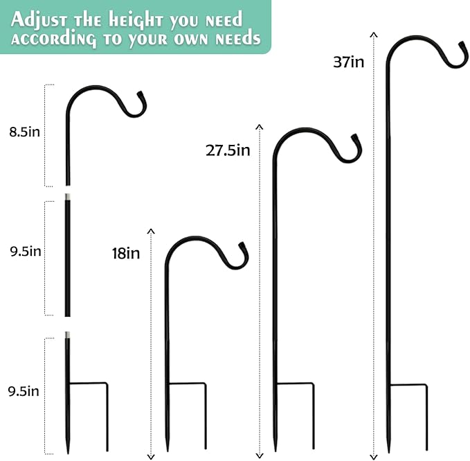 Urban Deco 8PK Heavy Duty Shepherds Hook, 37' Inch Tall Adjustable Height Shepards Hooks for Outdoors, Plant Hangers Garden Stakes, Plant Hooks Pole for Wedding, Garden, Outdoors