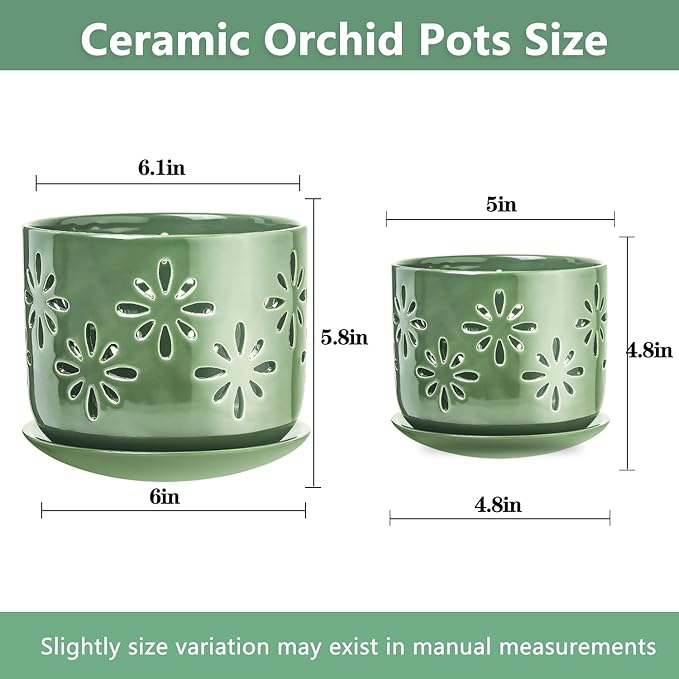 6+5 Inch Orchid Pots with Holes, Ceramic Orchid Pots for Repotting, Healthy Air Circulation Plant Pots for Plant Lovers, Planters for Indoor Plants -2 Pack