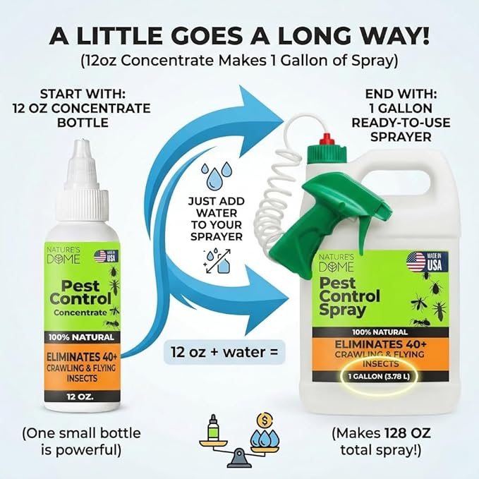 Nature’s Dome Pest Control Concentrate Spray 12 Oz | Natural, Eco-Friendly Bug & Ant Spray that Makes 1 Gallon | Eco-Friendly Bug Spray for Flea, Ticks, Ant & Mosquitos | Safe for Pets & Kids