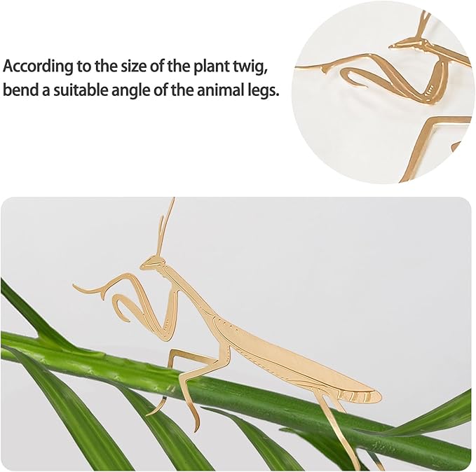 Rainteam Plant Animal Decor Brass Plant Charms for Live Plants Cute Animal Plant Hanger Ornaments for Pots Garden Plant Decorations Plant Accessories Gift for Plant Lovers (2 Mantis)