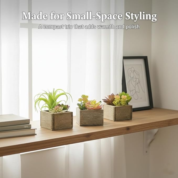 Mingfuxin Artificial Succulents Indoor, Set of 3 Mini Potted Greenery in Rustic Wood Planters, Tabletop Accent for Office, Bathroom Shelf, No Watering