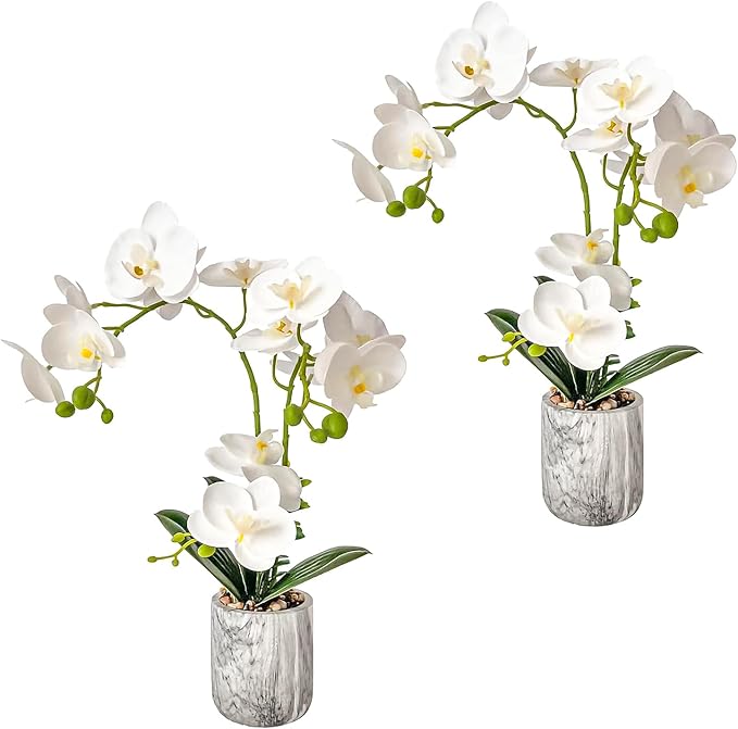 White Fake Orchids Flowers in Pot Bendable Faux Orchids Artificial Flowers Washable Silk Orchid Phalaenopsis Decor for Home Wedding Table Centerpiece Bathroom Office