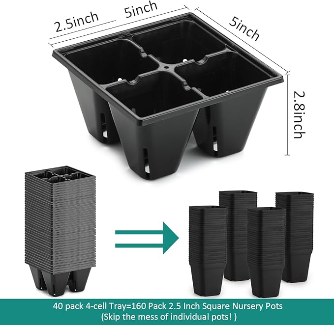 RooTrimmer 40 Pack Reusable 4-Cell Seed Starter Tray for Seedlings, Deep Large Cell Plant Starter Trays with Drainage Holes for Seed Germination, Easy Transplant, Fits Standard 1020 Flats, Black