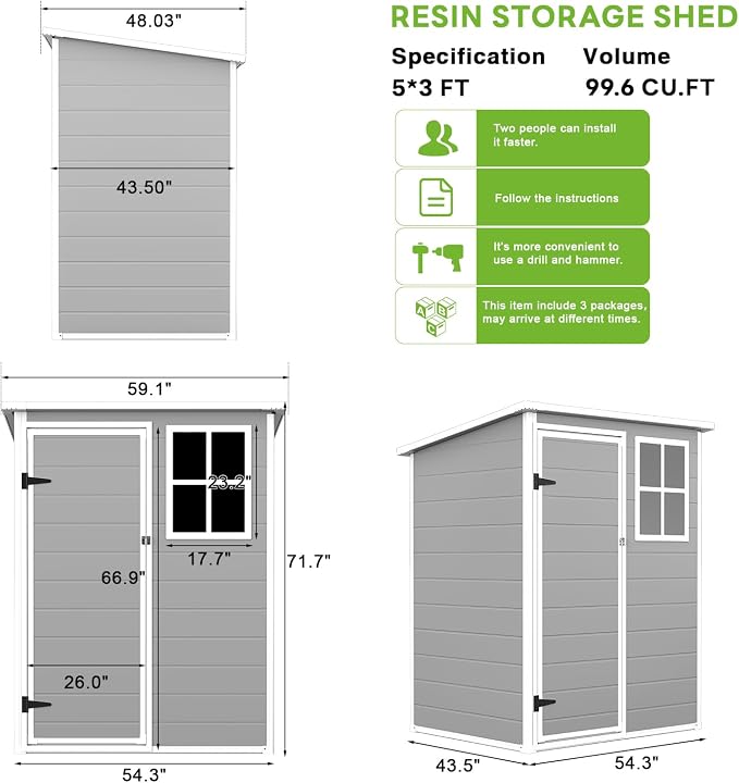5x3 FT Outdoor Storage Shed with Floor & Window, All-Weather Resin Garden Tool Shed, Waterproof Plastic Garden Shed with Lockable Door, Vents & Roof Rainwater Drainage for Backyard, Garden, Poolside
