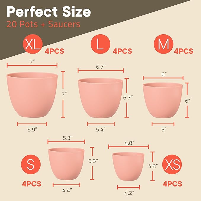 Planter Pots with Drainage Holes - Lightweight, Durable, and Space-Saving Pots for Indoor and Outdoor - Versatile Functionality, Simple Modern Design, Set of 20 Plastic Planter Pots - Pink