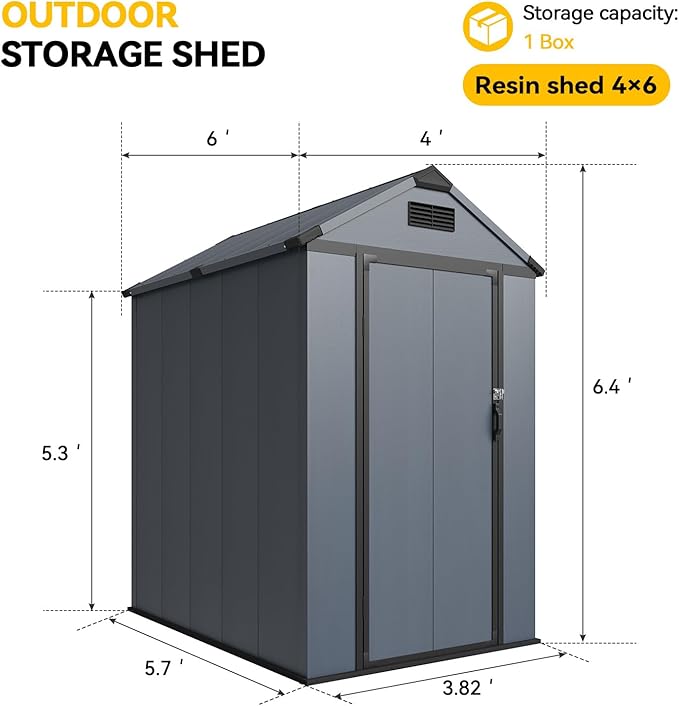 Aoxun 4x6 FT Outdoor Storage Shed with Built-in Magnetic Suction Light, Plastic Garden Resin Shed with Floor, Outdoor Storage with Lockable Door for Bike, Tools, Garbage Can, Dark Grey