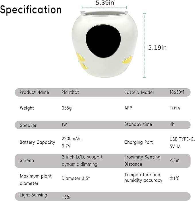 Smart Plant Pot with Expression, AI Intelligent Flower Pot for Indoor Decoration, Smart Garden Pot with Water/Light/Temperature Sensors, Ivy AI Planter (White（Big）)