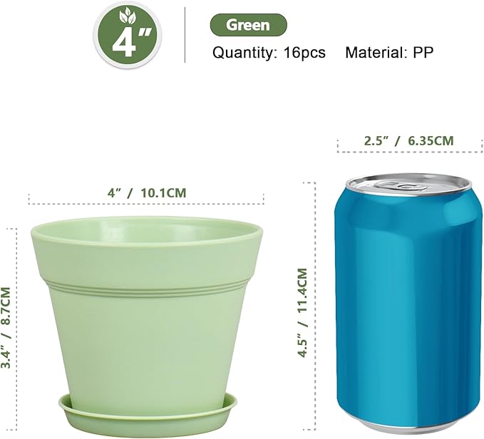 Meowell 4 inch Small Plastic Nursery Pots, 16 Pack Plant Pots for Indoor Outdoor Plants, Flower Pots with Drainage Holes and Saucers, Decorative Seedling Starter Planters for House Plants, Green