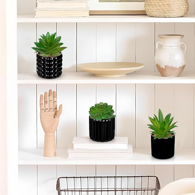 Briful Succulents Plants Artificial in Black Ceramic Pots (Set of 3), Small Fake Plants for Home Office Desk Decor – Modern Mini Potted Succulents for Bathroom, Bedroom, Living Room Table, Shelf