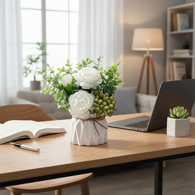 LADADA Artificial Flowers with Vase – White Peony Fake Floral Arrangement with Eucalyptus Leaves and Green Berries for Tabletop Decor, Bathroom, Bedroom, Office Desk Decor