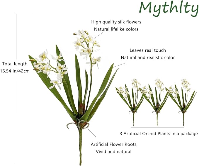 3pcs Artificial Cymbidium Orchid Flowers That Look Real, Faux White Orchid Stems for Vases, Silk Flowers Arrangement for Home Office Farmhouse Indoor Tables Centerpieces Decoration (White)