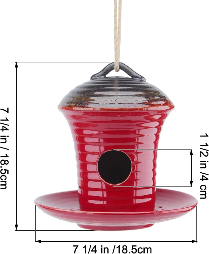 Kimdio Birdhouse Ceramic Hanging Birdhouses Bird Hut Hanging Multi-Function Outdoor Bird Feeders for Wild Birds, Finch, Cardinal, and Bluebird - Red