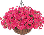 Artificial Fake Hanging Flowers Plants Baskets for Outdoors Spring Summer Decor, Faux Silk Morning Glory in Planter UV Resistant Realistic for Outside Porch Patio Balcony Garden Yard Home, Hotpink