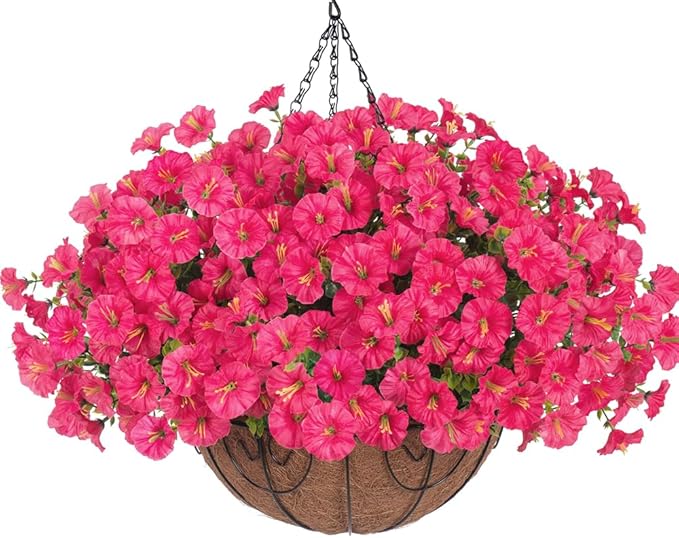 Artificial Fake Hanging Flowers Plants Baskets for Outdoors Spring Summer Decor, Faux Silk Morning Glory in Planter UV Resistant Realistic for Outside Porch Patio Balcony Garden Yard Home, Hotpink