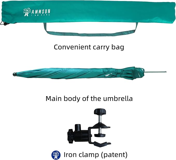 AMMSUN XL Chair Umbrella with Universal Clamp Adjustable 47 inches and 360-degree Swivel UPF 50+, Portable Clamp on Camping or Beach Chair, Stroller, Wheelchair, Golf cart, Turquoise, Large-sized