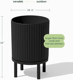 Veradek Demi Series Round Planter w/Stand for Porch/Patio | Durable Plastic-Stone Composite & Wooden Stand | Modern Décor for Tall Plants, Flowers