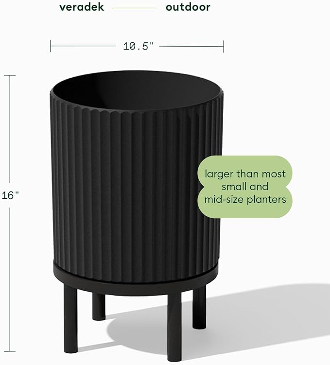 Veradek Demi Series Round Planter w/Stand for Porch/Patio | Durable Plastic-Stone Composite & Wooden Stand | Modern Décor for Tall Plants, Flowers