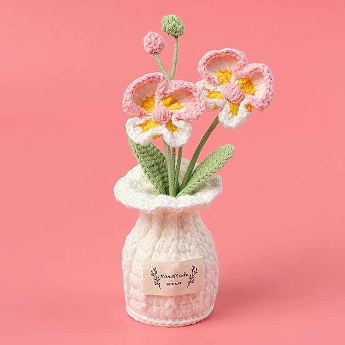 Crochet Moth Orchid Vase, Eternal Finished Hand Woven Artificial Mini Flowers Pot Decoration for Home Office Kitchen Living Room Table Bedroom Creative Women Girls Gift (Purple)