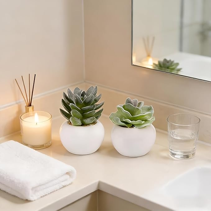 GREENTIME 6 Pcs Mini Artificial Succulents Plants in Ceramic Pots Small Fake Succulent Faux Plant Indoor Decor Bedroom Desk Bathroom Office Living Room Table Shelf Home Decoration Green White